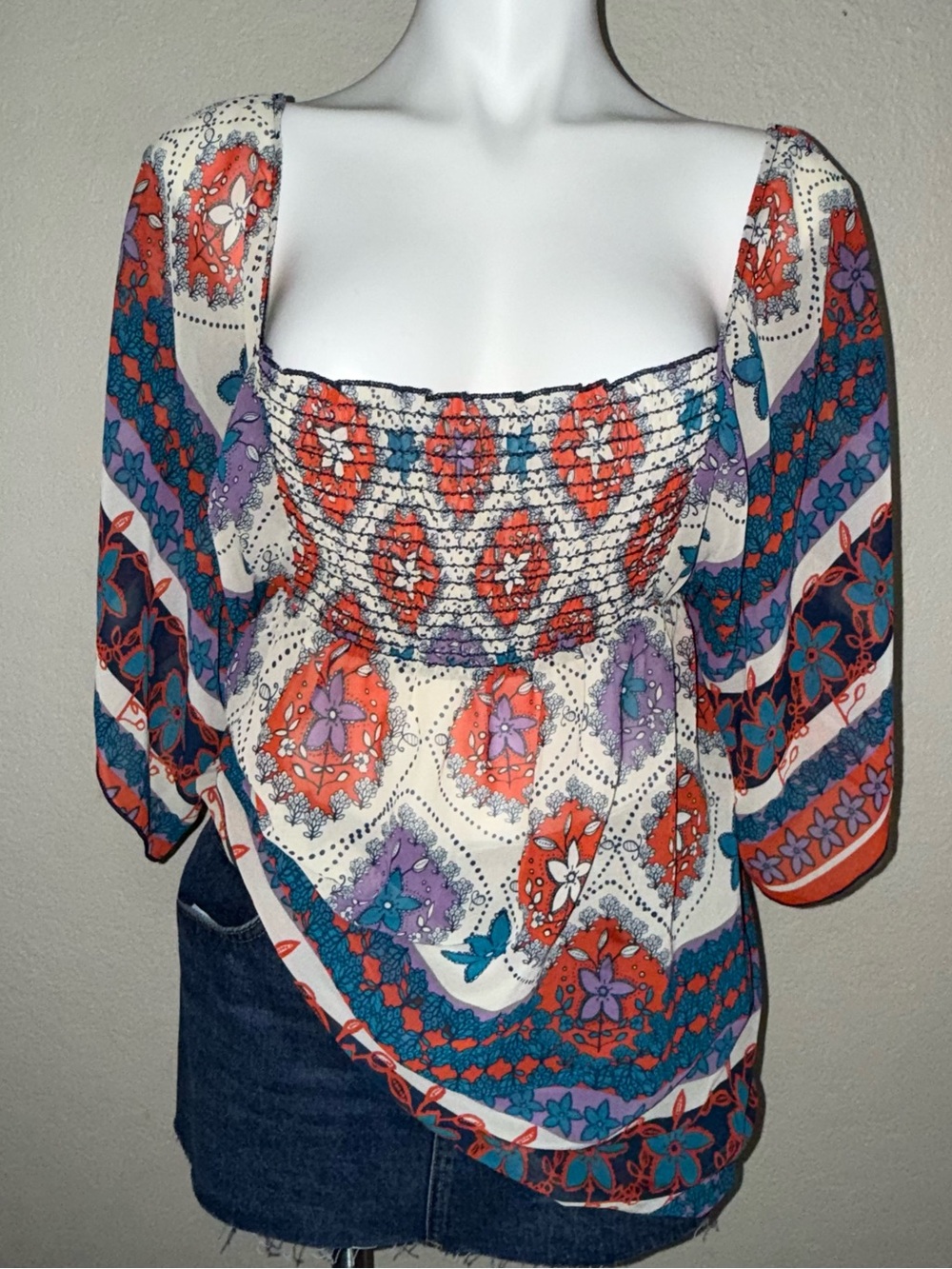Vintage forever 21 Boho Smocked Square-Neck Peasant Top in Multi